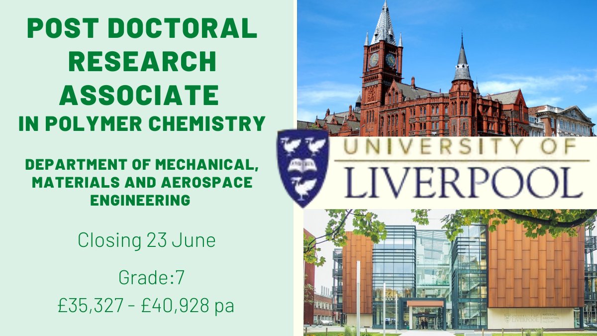POST DOCTORAL RESEARCH ASSOCIATE position, part of a 4 year £1.6M UKRI Future Research Leaders Fellowship *Smart formulations for manufacturing of functional three-dimensional hierarchical structures* Apply now:bit.ly/043431 #job #polymere <a href="/livuniphyssci/">School of Physical Sciences</a> <a href="/LivResearcher/">Researcher Development @ University of Liverpool</a>
