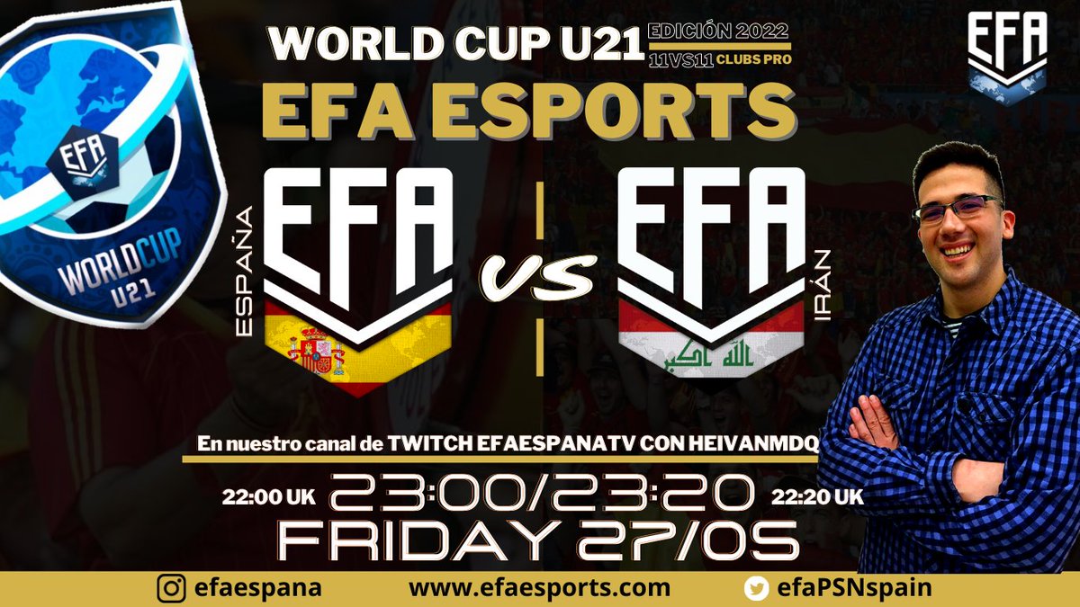#EFAWORLDCUPU21

Hoy desde las 22:50 en nuestro canal twitch.tv/efaspaintv vuelve LA ROJITA, jornada 3/4 de la fase de grupos del Mundial <a href="/EfaEsports/">EFA ESports</a> contra #EFAIRAN
A los micros como cada semana nuestro caster oficial <a href="/HeivanMdq/">Ivan Ibaceta ☊</a>

SÚMATE A LA ROJA EN LA RETRANSMISIÓN!!!
