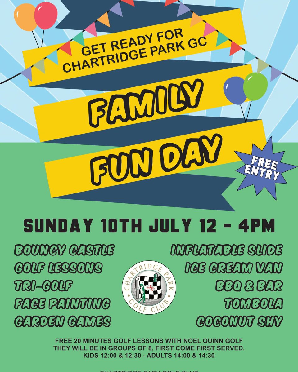 GolfCPGC's tweet photo. Get ready for our family fun day on Sunday 10th July from 12-4pm.

There will be lots of things to do for all of the family including a bouncy castle, inflatable slide, coconut shy, tombola, garden games, BBQ, full bar, free golf taster lessons, face painting and a raffle. https://t.co/a0Rjl6Gsjz
