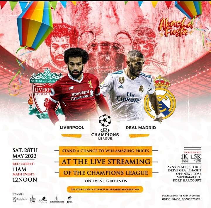abachafiesta's tweet photo. Come make we gather watch Champsions league finals together for Abachafiesta. Enough barnies go come board too😅😅

Don't forget tickets would be sold at the venue too, with lots of amazing prices to be won💪 https://t.co/MwBEe4Jh50