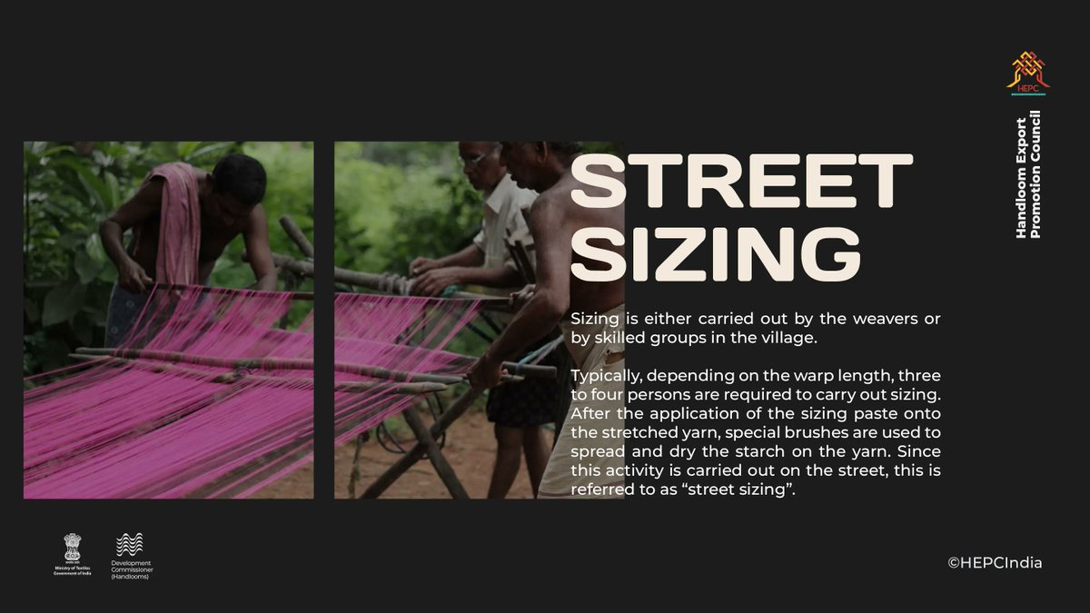 HEPC_India's tweet photo. Street Sizing - Sizing is the process of giving a protective coating on the warp yarn to minimize yarn breakage during weaving.
#handwoven #sizing #traditional #weaver #doubleweave #handwoven #weaving #weaversofinstagram #wovenart #textileart #wovenwallart #weaver https://t.co/VQVBCAo1e3