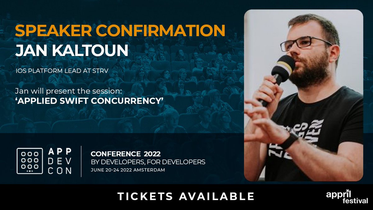 Appdevcon's tweet photo. Jan Kaltoun (@jankaltoun) is IOS platform lead at STRV and will be live on the tutorial day at #APPDEVCON22 with his session: Applied swift concurrency! ๐ https://t.co/T7k95sj6Mz
#appdevcon #amsterdam #appril #appdevelopment #appbusiness #speaker https://t.co/qKzAY4RyCu