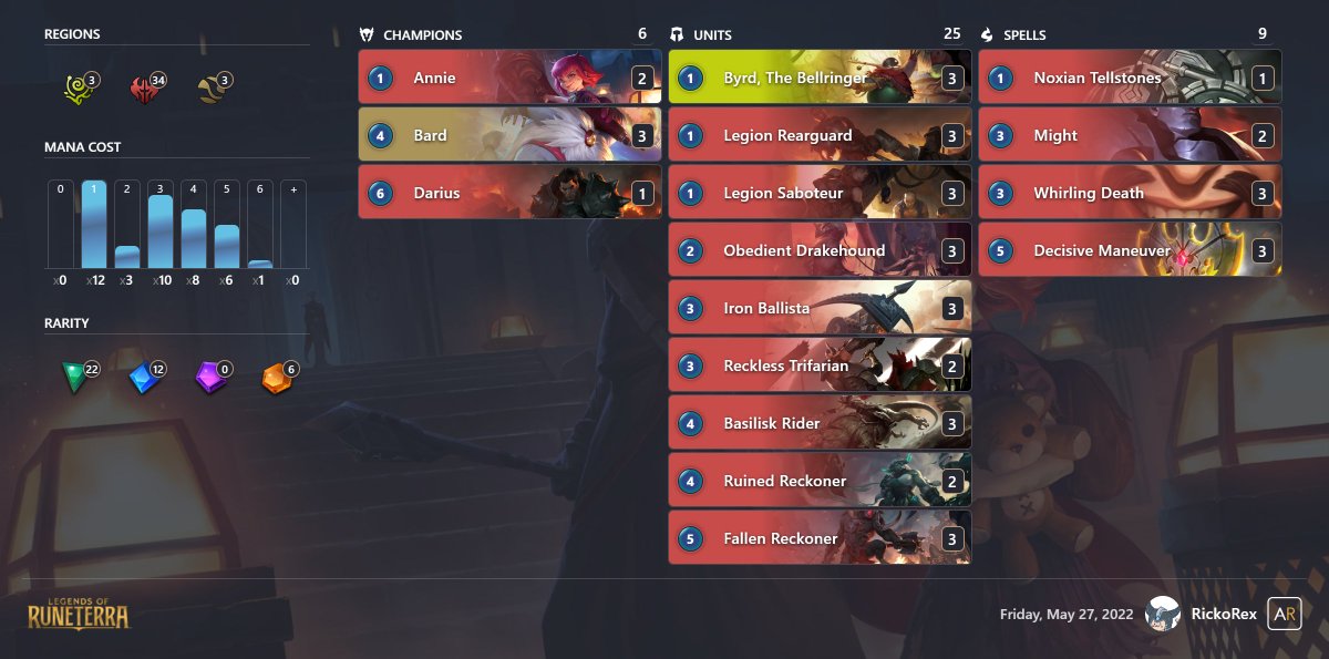RickoRex's tweet photo. Here's my Barnnie allegiance deck that got me to Diamond. 

I've been testing different combinations and settled on 1x Darius. Chimes work great with overwhelms, excited to brew more decks! https://t.co/HspLi2x0GH