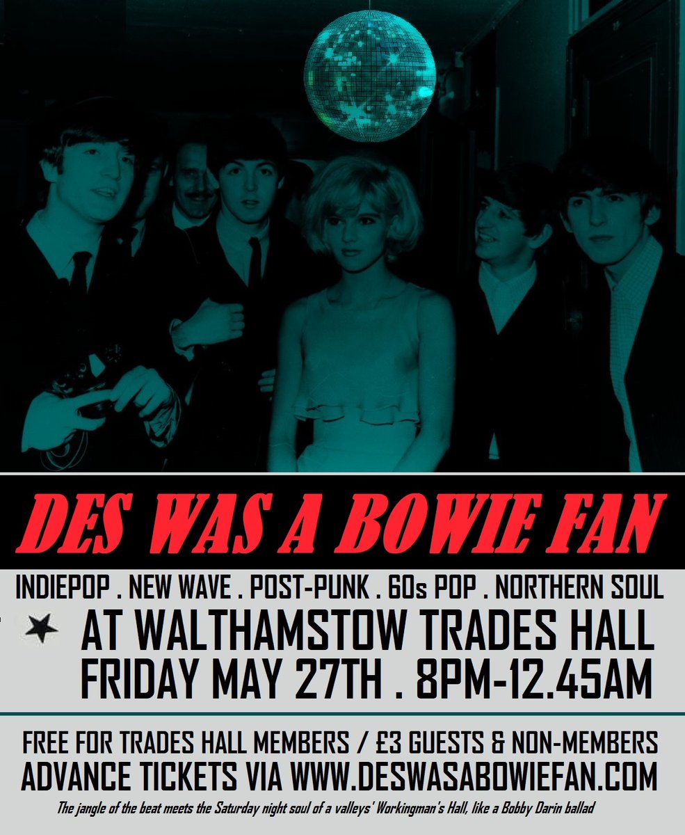 Tonight's club at @stowtradeshall, Walthamstow Trades Hall. 8pm through till 12.45  facebook.com/events/2682199…

If you're between 4 walls, it'll also be live on DWaBF Radio at the following links: 

deswasabowiefan.com/des-was-a-bowi…

cast2.citrus3.com:2199/start/deswasab…