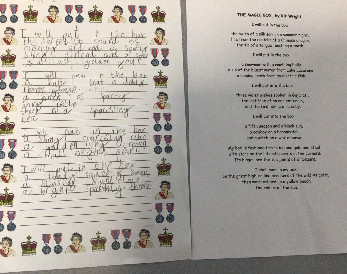 CastleHillsScaw's tweet photo. In 1/2A we have been inspired by the ‘Magic Box’ poem and written what we’d include in our box for Her Majesty 👑🇬🇧 #KitWright @CastleHillsScaw @LegerEdTrust #TeamCHPA https://t.co/0ebS2Md0Zf