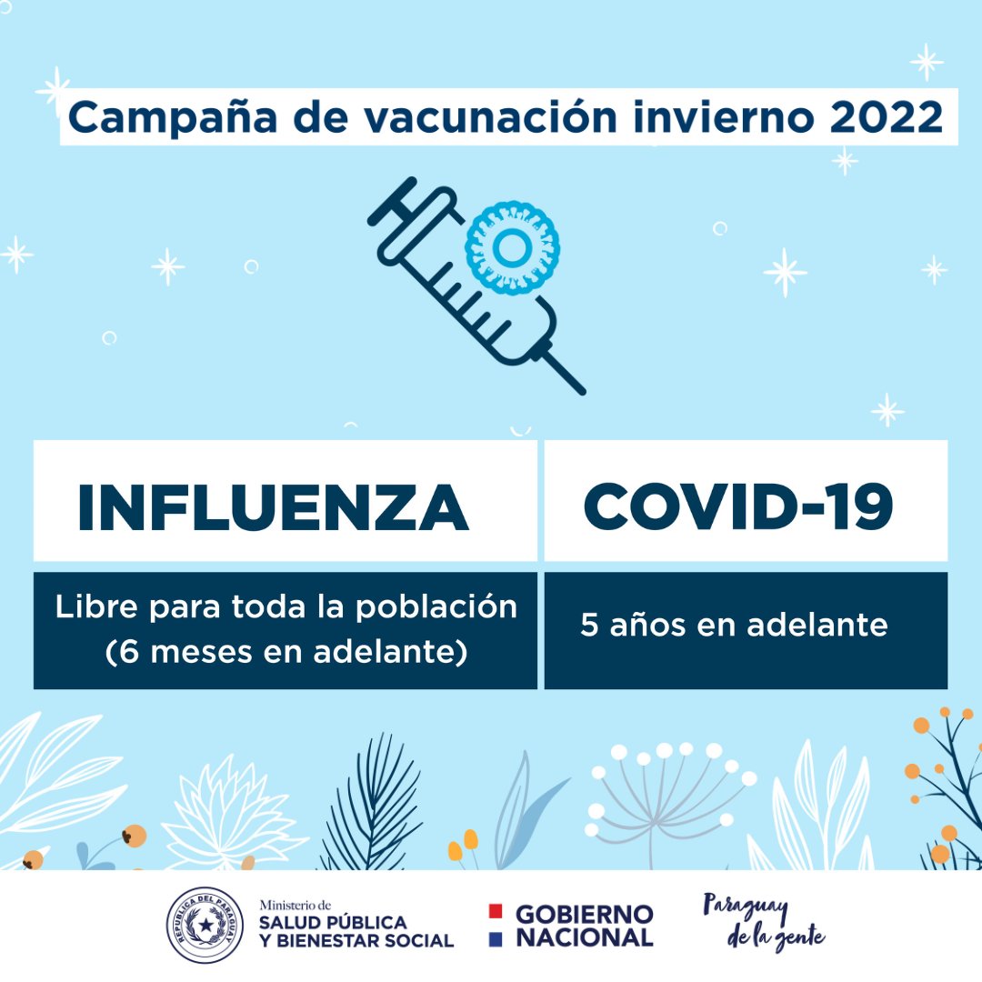 msaludpy's tweet image. ¡Buen día🙋🏽‍♀️!

💉 #CampañaInvierno2022 

#Influenza 6 meses en adelante (libre para toda la población)

#COVID19 5 años en adelante

📍 Centros vacunatorios disponibles en vacunate.gov.py