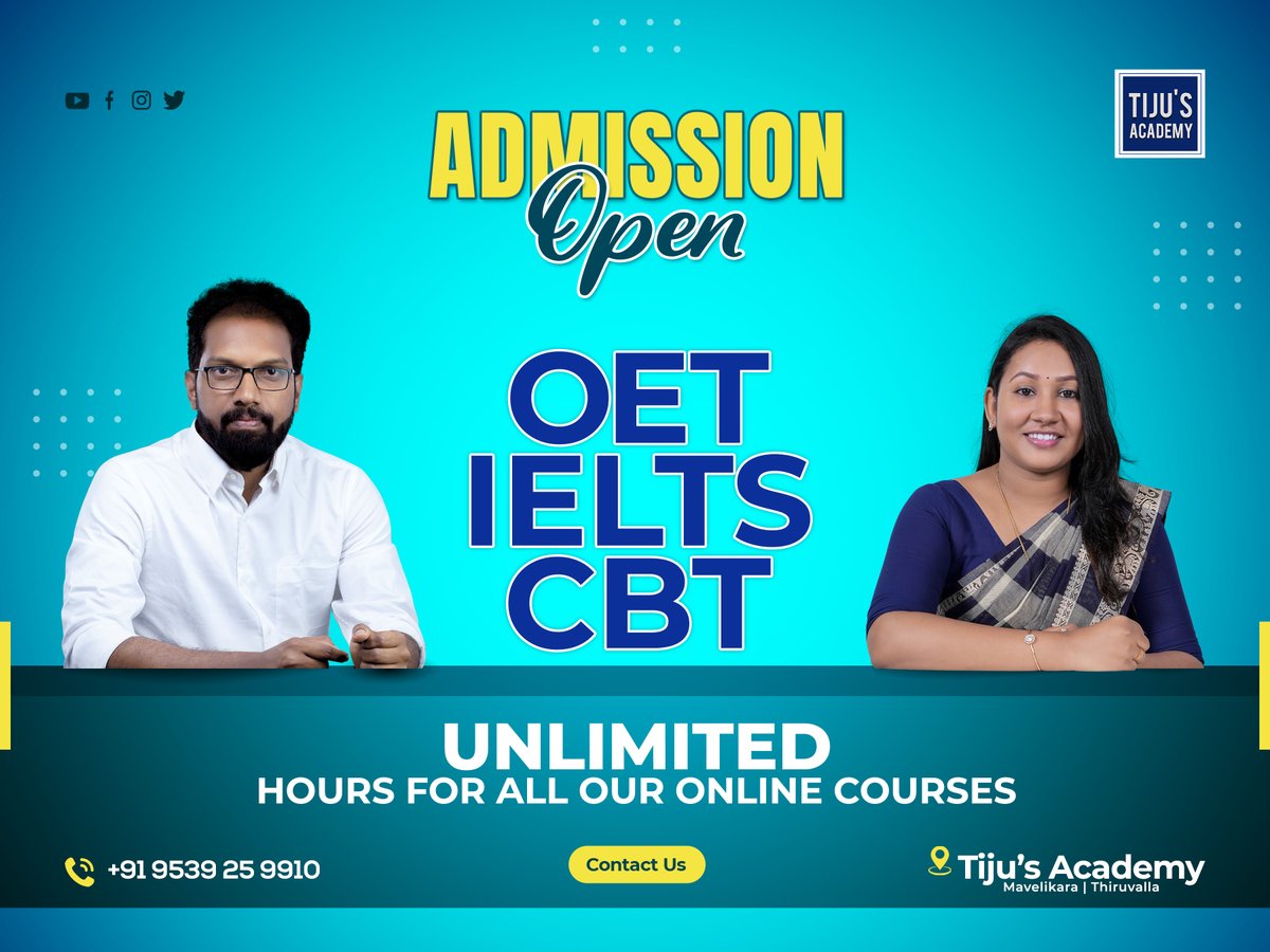 tijusacademy's tweet photo. ADMISSION STARTED!!!

For OET, CBT &amp; IELTS

UNLIMITED Hours for all our Online Courses.

Call or WhatsApp: +91 953 925 9910

Enrol Now!!!
.
.
.
.
Tiju’s Academy | Mavelikara &amp; Thiruvalla

#tijusacademy #OET #oetexam #oetpreparation #oetfordoctors #oetformedicalprofessionals https://t.co/952w70HLRA