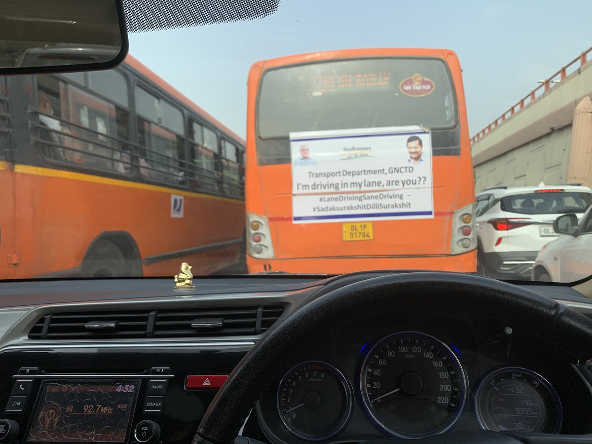 I m sure, the driver needs to be made read this written on his bus before driving in as such constrained roads of Delhi While all other buses were moving in single lane. Pic taken on 27 May 22 at 1630 at Bikaji Kama Place read light. #LaneDrivingSaneDriving