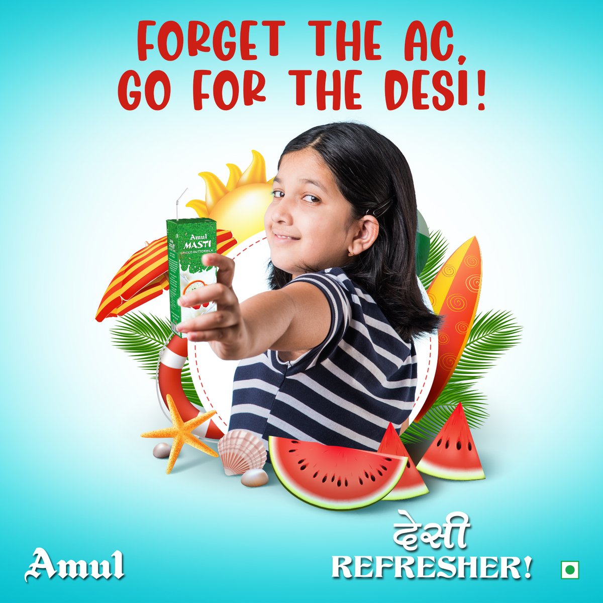 Amul_Coop's tweet photo. In India do as the Indians do. Choose Desi. Endorse Desi. Drink Desi. And forget the AC. Even if you don’t want to Amul Masti Buttermilk will make sure that the AC is forgotten. #AmulIndia #AmulMastiButtermilk #LiquidSwag #NoMoreAirConditioners #CheatTheSun #BeatTheHeat https://t.co/bChpzcxL5c
