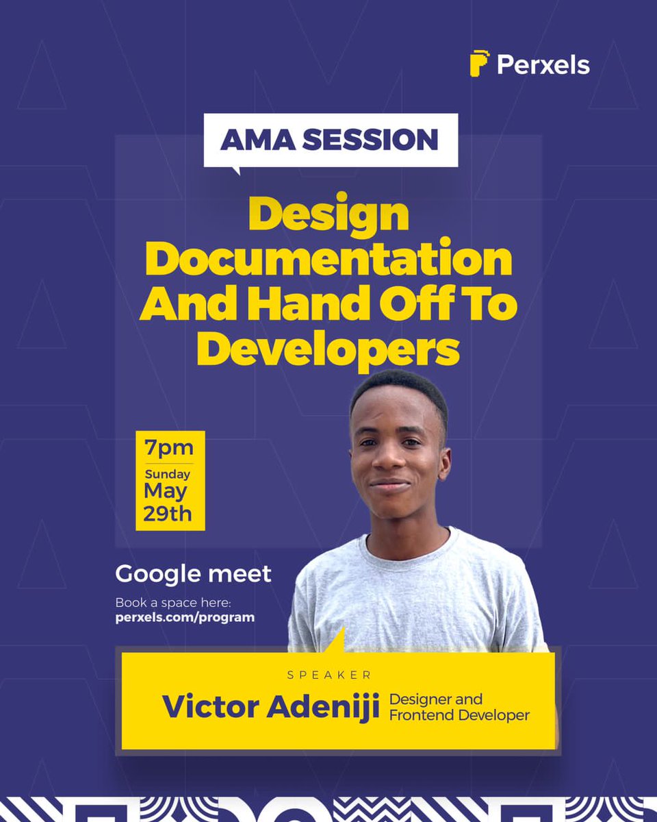 perxels's tweet photo. If you have not registered for this session, you are wrong!

Join us on Sunday as @codevickk answers all questions concerning design documentation and handoff

Register at https://t.co/WKRDVcYFuh https://t.co/s1DScNM5x6