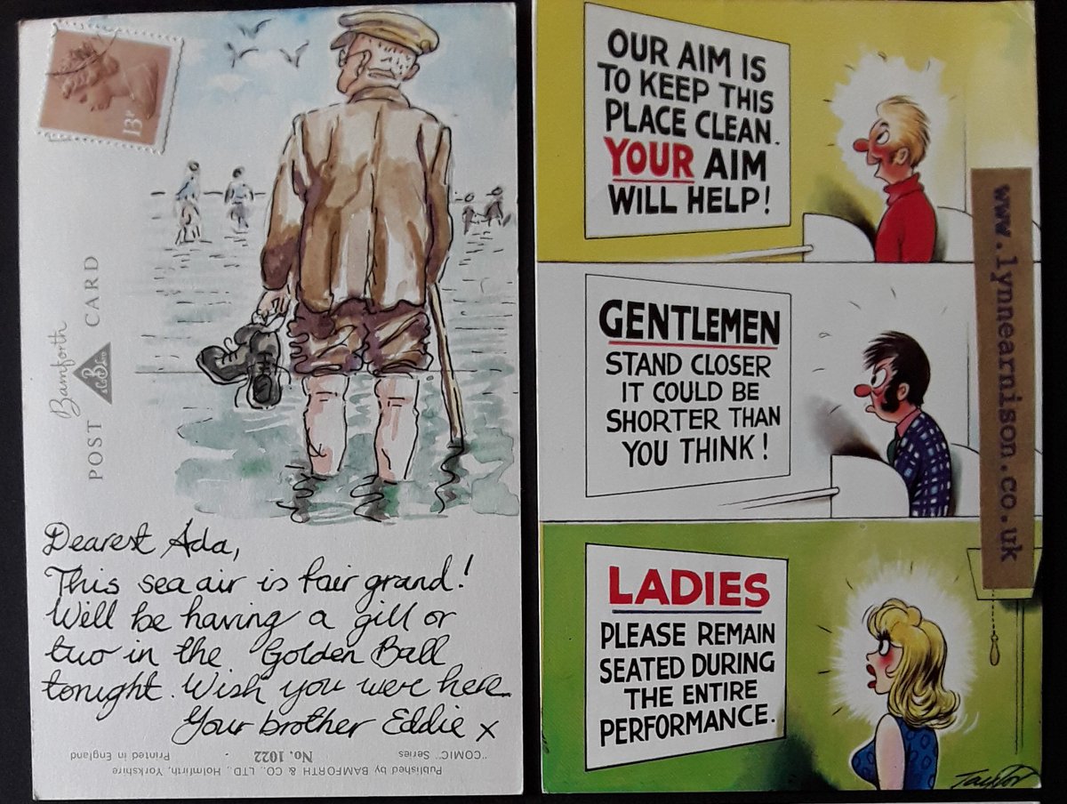 MorleyLass92's tweet photo. Recognise this anyone? This is one of my 'Wish you were here' postcards most have sold now. When we came to Scarborough for out hols we used to spend ages looking thru the saucy postcards down Eastboro' having a laugh..it's banned now #seasidepostcards #bamforthpostcards https://t.co/ZfINuqNlD4