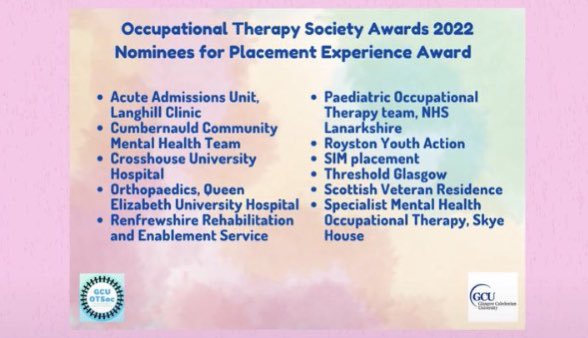 Congratulations to our team in Orthopaedics @ the #QEUH for being nominated for the placement experience award! Particular congratulations to our previous rotational band 5 Sarah Aitken for doing a great job as a practice educator #OT #Practiceeducation