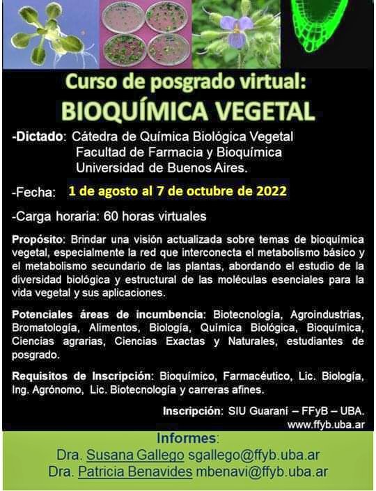 REDBIOArgentina's tweet image. #CURSO virtual de Bioquímica Vegetal.
Info: sgallego@ffyb.uba.ar; mbenavi@ffyb.uba.ar.