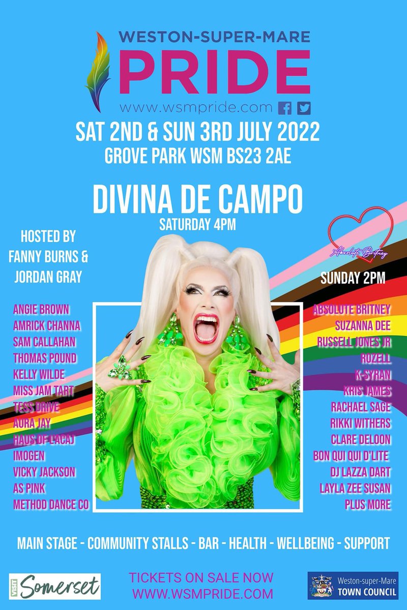 IT’S HERE! Weston Pride 2022 with Drag Race UK Season 1 Runner up <a href="/Divinadecampo/">Divina De Campo stream DECODED</a> !!🏳️‍🌈

2 Days, Main Stage family area, community stalls, health and well-being, support, bars &amp; refreshments 

Tickets on Sale now, follow the link in our Instagram bio🖤