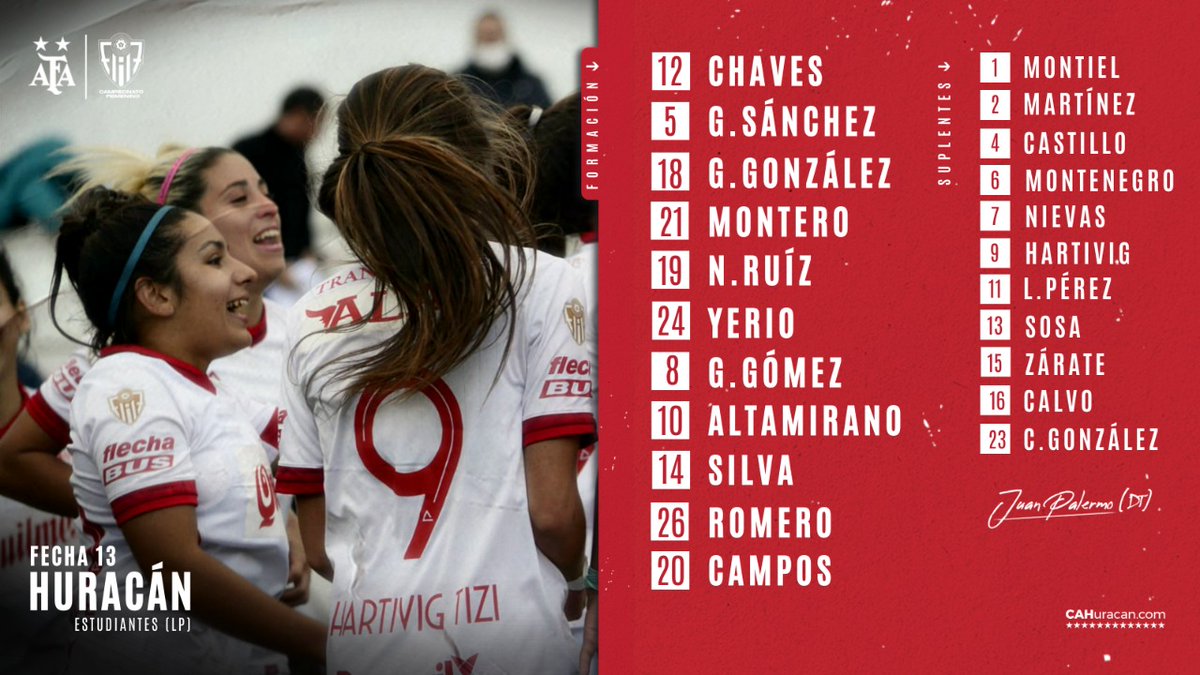 CAHuracan's tweet photo. #Huracán🎈 #FútbolFemenino 

Así forma el equipo de Juan Palermo para enfrentar a #EstudiantesLP por la #Fecha13 del #TorneoYPF desde las 14 en el Tomás Adolfo Ducó.

¡Lo podés ver por acá!👇

📺@canaldeportv

#VamosGlobo #VamosQuemeras https://t.co/5S93buyVGK