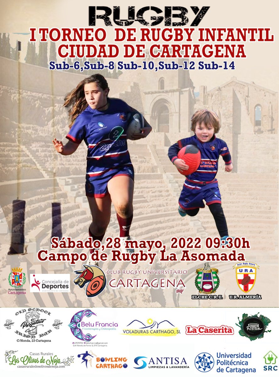 RugbyCartagena's tweet photo. Sábado 28,desde las 10:30 I Torneo de Rugby Infantil Ciudad de Cartagena, encantados de recibir a @uralmeria y @elcherugby 230 niñ@s de 3 a 14 años disfrutando de una jornada de deporte y convivencia #TriCT #rugbycartagena #cartagenarugby #rugbyinfantil #rugbykids #youthrugby https://t.co/cBDNfJJvNB
