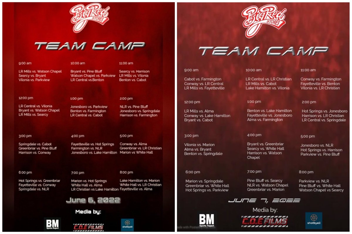 Kevin Miller (@big73miller) on Twitter photo 🚨 Big Red Stores Team Camp 🚨
⬇️⬇️⬇️⬇️⬇️⬇️⬇️⬇️⬇️⬇️
🏢- HendrixCollege (Conway, AR)
🗓- Date: June 6-7, 2022
🎥- Media By: BM Sports Report
🎥- Media By: C.O.E. FILMS
🎥- Media By: Shotbyeli
@BigRedStores <a href="/BSNSPORTS/">BSN SPORTS</a> <a href="/CrunkdOutEnt/">C.O.E Films</a> <a href="/shotbyeli__/">Elijah</a> <a href="/ARPrepSports/">Arkansas Prep Sports</a> <a href="/coachwesswift/">Wes Swift</a> 🚨 Big Red Stores Team Camp 🚨
⬇️⬇️⬇️⬇️⬇️⬇️⬇️⬇️⬇️⬇️
🏢- HendrixCollege (Conway, AR)
🗓- Date: June 6-7, 2022
🎥- Media By: BM Sports Report
🎥- Media By: C.O.E. FILMS
🎥- Media By: Shotbyeli
@BigRedStores <a href="/BSNSPORTS/">BSN SPORTS</a> <a href="/CrunkdOutEnt/">C.O.E Films</a> <a href="/shotbyeli__/">Elijah</a> <a href="/ARPrepSports/">Arkansas Prep Sports</a> <a href="/coachwesswift/">Wes Swift</a>