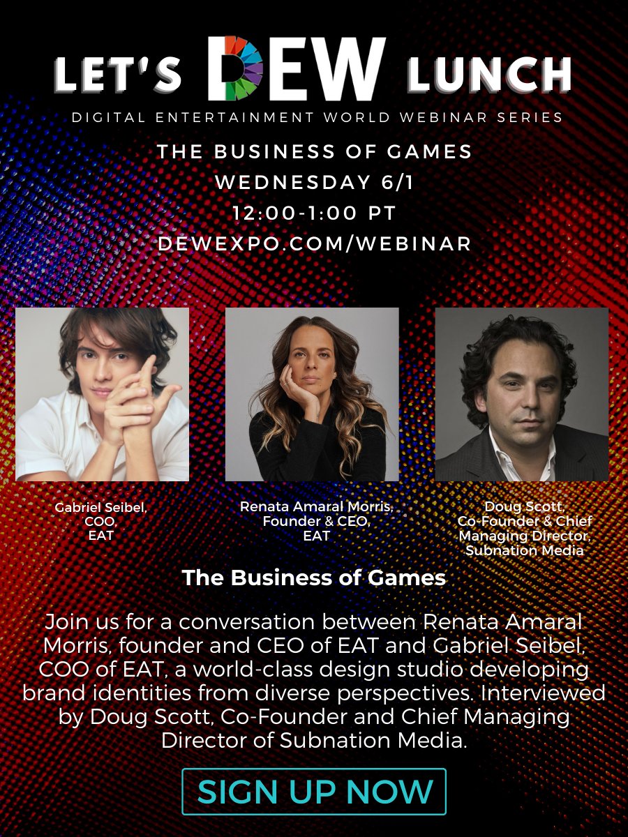 Coming up on Let's DEW Lunch - The Business of Games, join the conversation with CEO Renata Amaral Morris and COO Gabriel Seibel of EAT. Doug Scott will be moderating. Register here: buff.ly/3lOlIr1 #LetsDEWLunch #games #web3