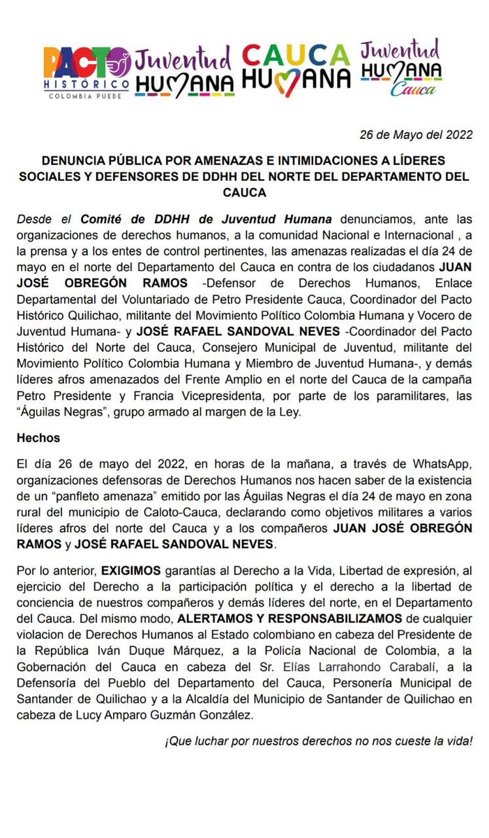 En medio de la debacle del Uribismo lo único que les queda es la intimidación y la violencia. Ya en pasados episodios me han amenazado de muerte, esta vez es a mis compañeros norte Caucanos. Qué el mundo se entere que la dictadura está desesperada.
<a href="/petrogustavo/">Gustavo Petro</a>