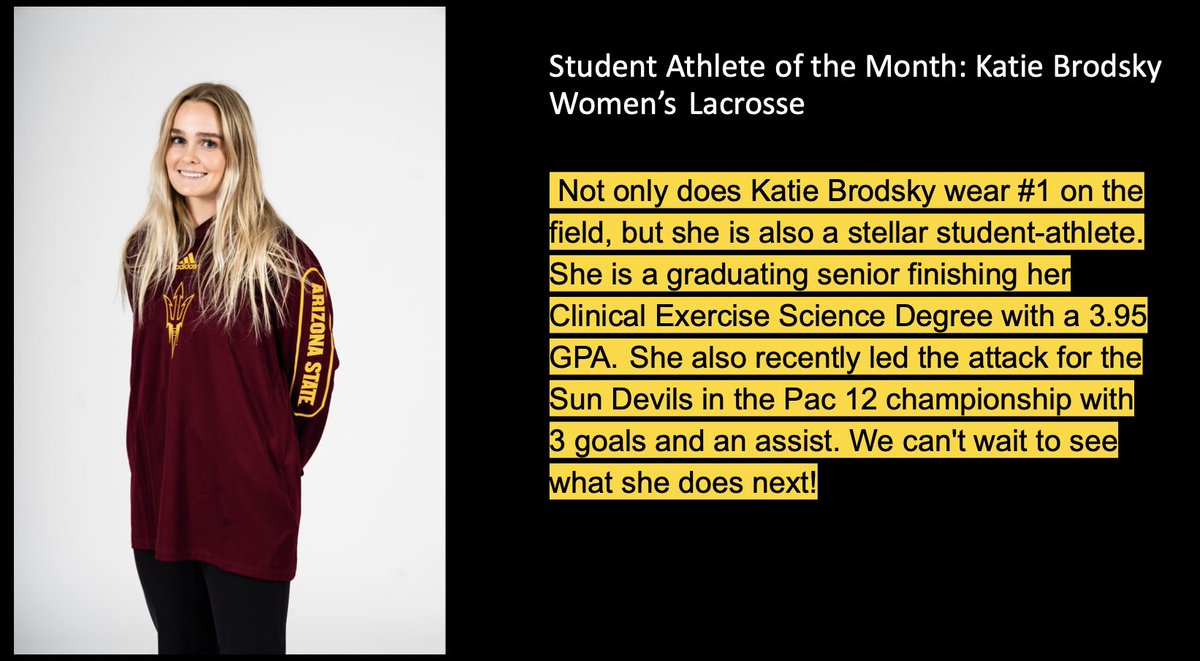 Sun Devil OSAD (@sundevil_osad) on Twitter photo Another Student Athlete of the Month, Katie Brodsky is a powerful force for <a href="/SunDevilWLax/">Sun Devil Lacrosse</a>
Katie's Academic Coach nominated her for this award, and here is what they had to say about her and her accomplishments!
Congrats Katie! Another Student Athlete of the Month, Katie Brodsky is a powerful force for <a href="/SunDevilWLax/">Sun Devil Lacrosse</a>
Katie's Academic Coach nominated her for this award, and here is what they had to say about her and her accomplishments!
Congrats Katie!