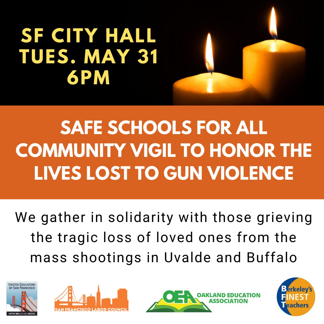 Join labor unions and educators in a vigil to commemorate the lives tragically lost in the horrific mass shootings in Uvalde, Texas, and Buffalo, New York. 
RSVP: bit.ly/safeschoolsfor…