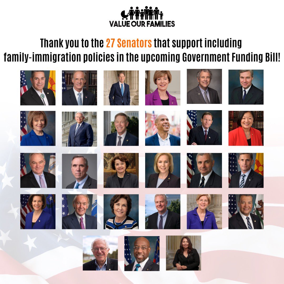 ValueFamilies's tweet photo. Thank you to the 27 Senators for your support to include family-immigration policies in the upcoming appropriations Bill, Government Funding Bill. We applaud your support, especially as we broke last year’s record of 20 signatures by 35%!

#ValueOurFamilies https://t.co/wt5mCBsBYO