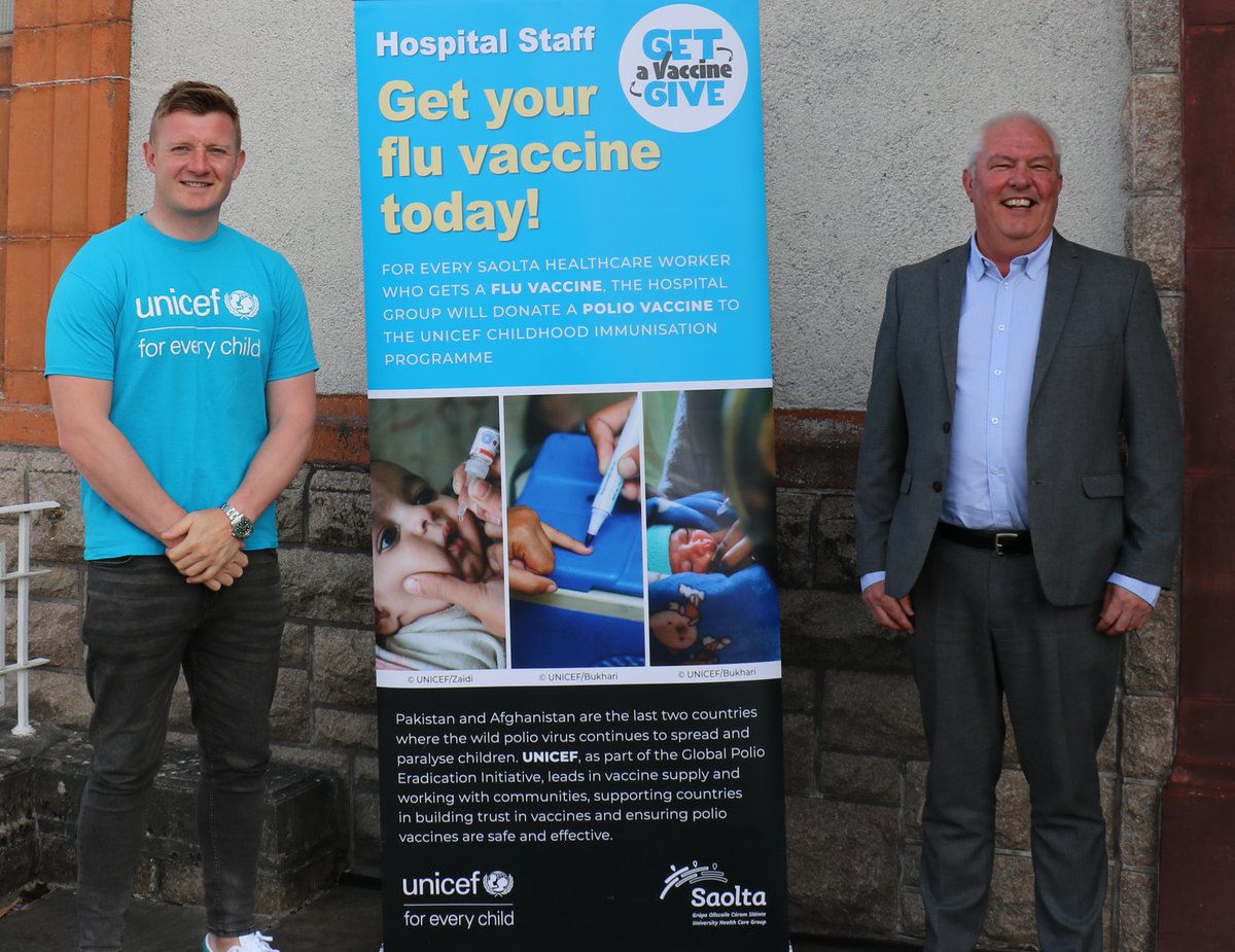 Delighted to meet with Joe Canning @JoeyCan88 a fantastic @UNICEF ambassador today to present the donation of 7,240 polio vaccines as a result of @saoltagroup flu vaccination programme 2021/22 Well done to all the staff who participated in 'Get a Vaccine, Give a Vaccine'