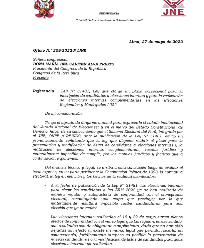whuacasi's tweet photo. #ERM2022 | Jorge Salas (JNE) envió este oficio a María Alva. Aquí explica a los congresistas, como a niños de primaria, por qué no puede haber elecciones internas complementarias:

- La etapa ya precluyó.
- No se puede desconocer resultados.
- No hay presupuesto.

@larepublica_pe https://t.co/iqoC6Bpb8F