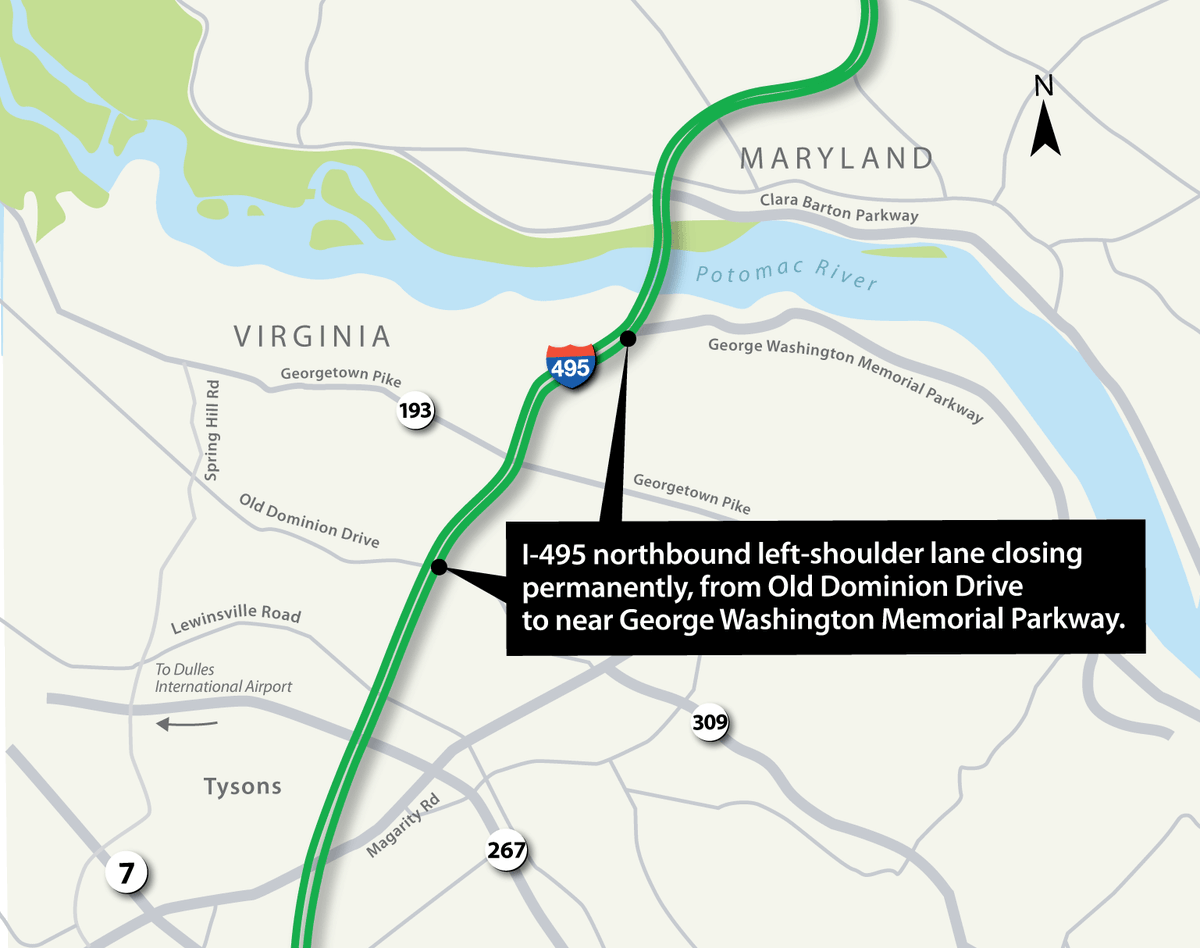 VAExpressLanes's tweet photo. Travel I-495 northbound in VA? Reminder: the left-shoulder lane from Old Dominion Dr. to near the GW Parkway will close permanently as early as Monday, May 31. https://t.co/ra0mcl5AjY https://t.co/PkgERxRBCQ