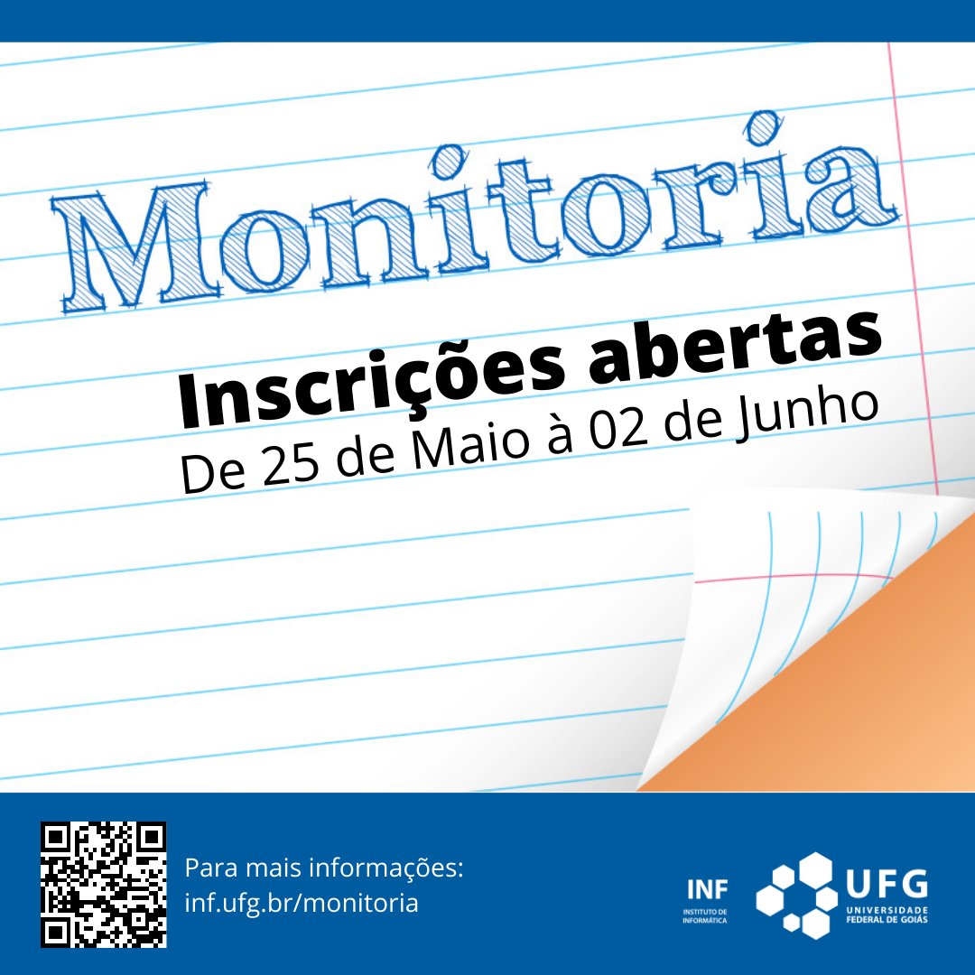 inf_ufg's tweet photo. Estão abertas as inscrições para ser monitor do Instituto de Informática!
✍ Ao todo serão 42 vagas para monitoria.
As inscrições para a seleção de Monitores do INF 2022-1 estarão abertas até 02 de Junho de 2022.
#infufg #ufg #monitoria https://t.co/reHRzqFaN0