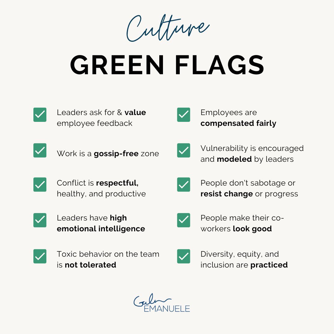 Every workplace should have the green flags listed as part of their culture. If not, it’s time to work to #LevelUp your team and culture.