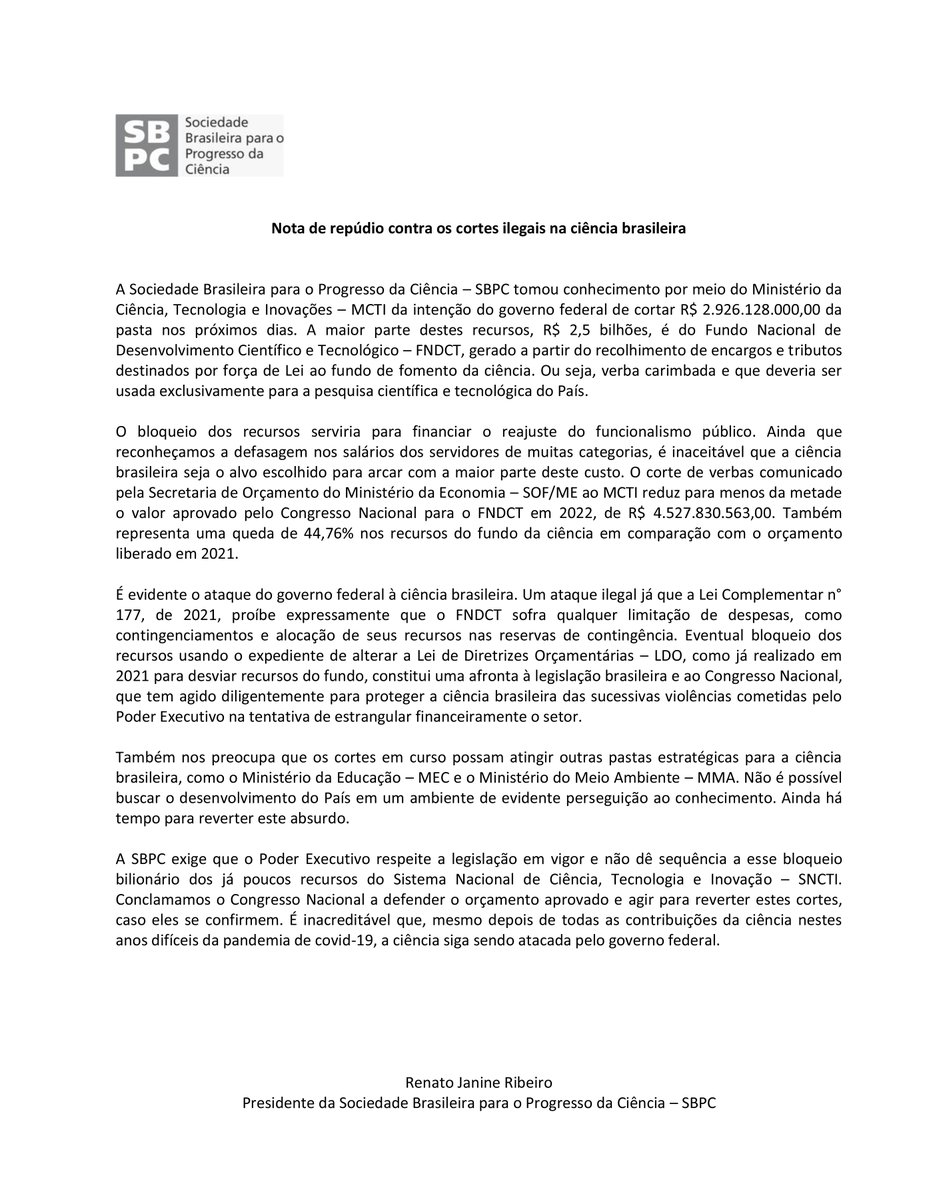 Nota de repúdio contra os cortes ilegais na ciência brasileira. 

Leia a íntegra em jornaldaciencia.org.br/nota-de-repudi…