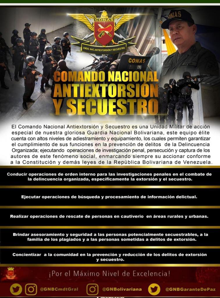 cmdtepfpro's tweet photo. 🇻🇪 📢 #Entérate Nuestros @GNBCONAS_Vzla, tiene la firme misión de erradicar la Extorsión y el Secuestro, prestando con eficiencia y calidad el servicio permanente al Pueblo.
#27May 
#ALBAUnida 
#GuardianesDelPueblo 
PFPROVIDENCIA
.@GNBCmdtGral https://t.co/6O9v9uNyT7