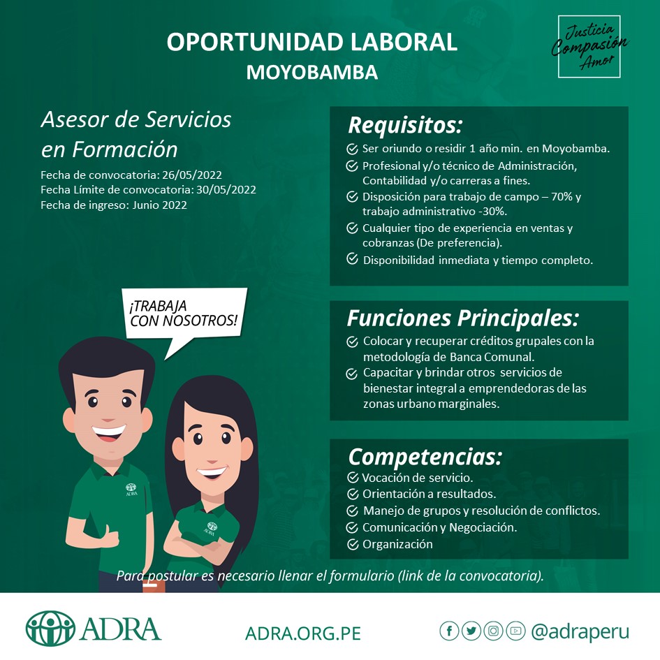 adraperu's tweet photo. 📢 #OportunidadLaboral
📥 Link de postulación: https://t.co/haWQEedC80
🔗 Comparte esta información con más personas 😉
#busquedalaboral #asistentesocial #entrevistalaboral #tarapoto #moyobamba #tingomaria #trabajoperú #rrhhperú #trabajar #oportunidadlaboral #ADRAPERÚ https://t.co/fZMueIEg4r