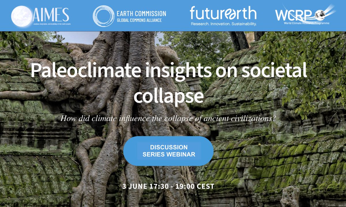 FutureEarth's tweet photo. Register for a #TippingElements webinar on the collapse of #ComplexSocieties and how #ClimateChange impacted ancient civilizations. W Joseph Tainter @USU_ENVS & Ann Kinzig @asuSOLS #Stockholm50 #OnlyOneEarth
3 June, 17:30 CEST
Register: https://t.co/MLIsaCfbAk https://t.co/T0AqlJVz7l