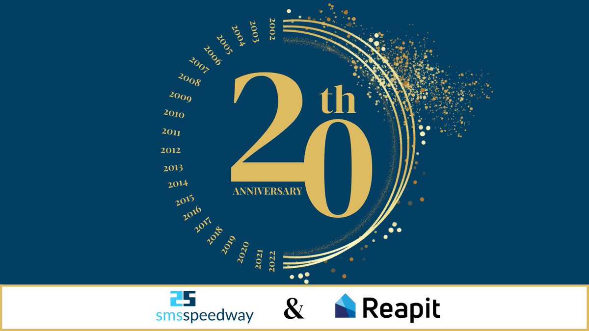 smsspeedway's tweet photo. We're celebrating our 20th anniversary with @ReapitSoftware 🎉🎉

On May 29 2002 at 16:08pm, we sent the first text message for Reapit's AgencyCloud CRM and a whole new customer experience was born. 

Here's to the next 20 years 🥂

#reapit #reapitsoftware #appmarket https://t.co/rOy8omxFvR
