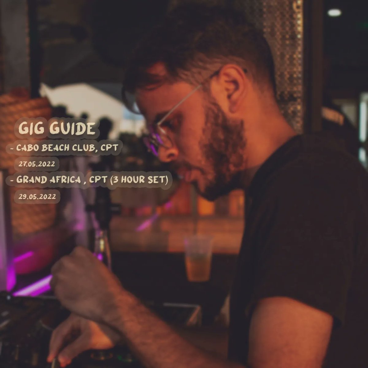 Back on home soil this weekend 🧘
Exciiited to make my debut at

- Cabo Beach Club Friday 27.05.22 

- <a href="/GrandAfrica/">Grand Africa</a> Sunday 29.05.22 for a special 3 hour set

😌