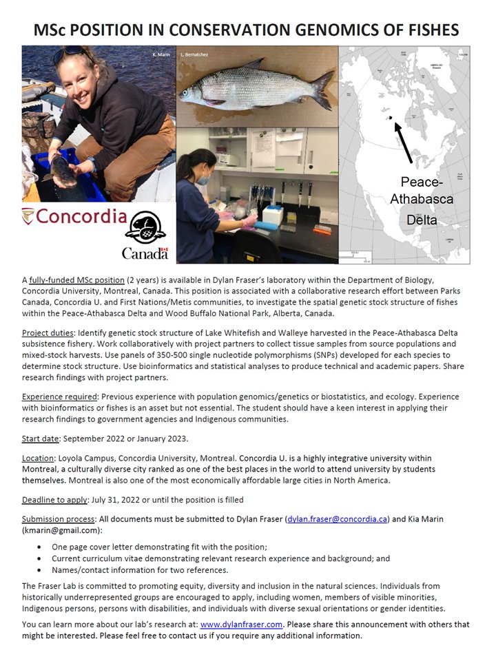 Dylan Fraser (@thefraserlab) on Twitter photo Our lab has a fully funded MSc position available with <a href="/ParksCanada/">Parks Canada</a> + First Nations/Metis communities on fish stock structure around the Peace-Athabasca delta, Alberta, Canada. Details + how to apply in the ad below. Please RT, with thanks!
#genomics #walleye #whitefish Our lab has a fully funded MSc position available with <a href="/ParksCanada/">Parks Canada</a> + First Nations/Metis communities on fish stock structure around the Peace-Athabasca delta, Alberta, Canada. Details + how to apply in the ad below. Please RT, with thanks!
#genomics #walleye #whitefish