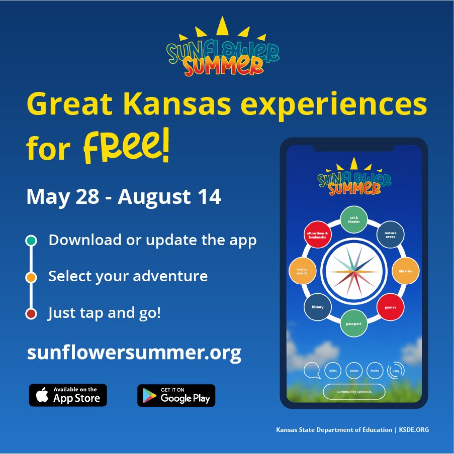 It’s here! #SunflowerSummer 🌻🌞 has arrived. Download or update the app, select your adventure, tap and go!

New for 2022:
🔸Sunflower Summer Family Camp
🔸Wichita Wind Surge Sunflower Sundays

Visit sunflowersummer.org for more information.