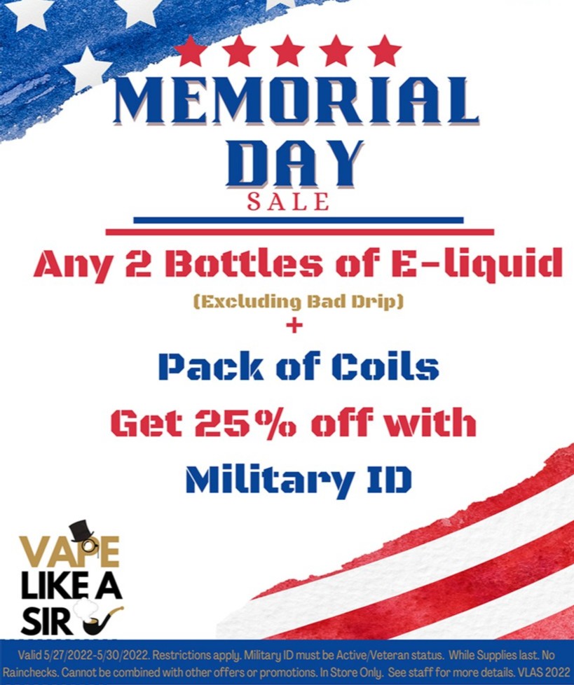 Memorial Day sale at VLAS Vapor stores! Use the link below to find a store closest to you! Valid 5/27 through 5/30. 

vapelas.com

#vapeon #clouds #handcheck #vapor #vapedeals #sale #vapelife #vaping #vapedaily #vapefam  vapelas.com