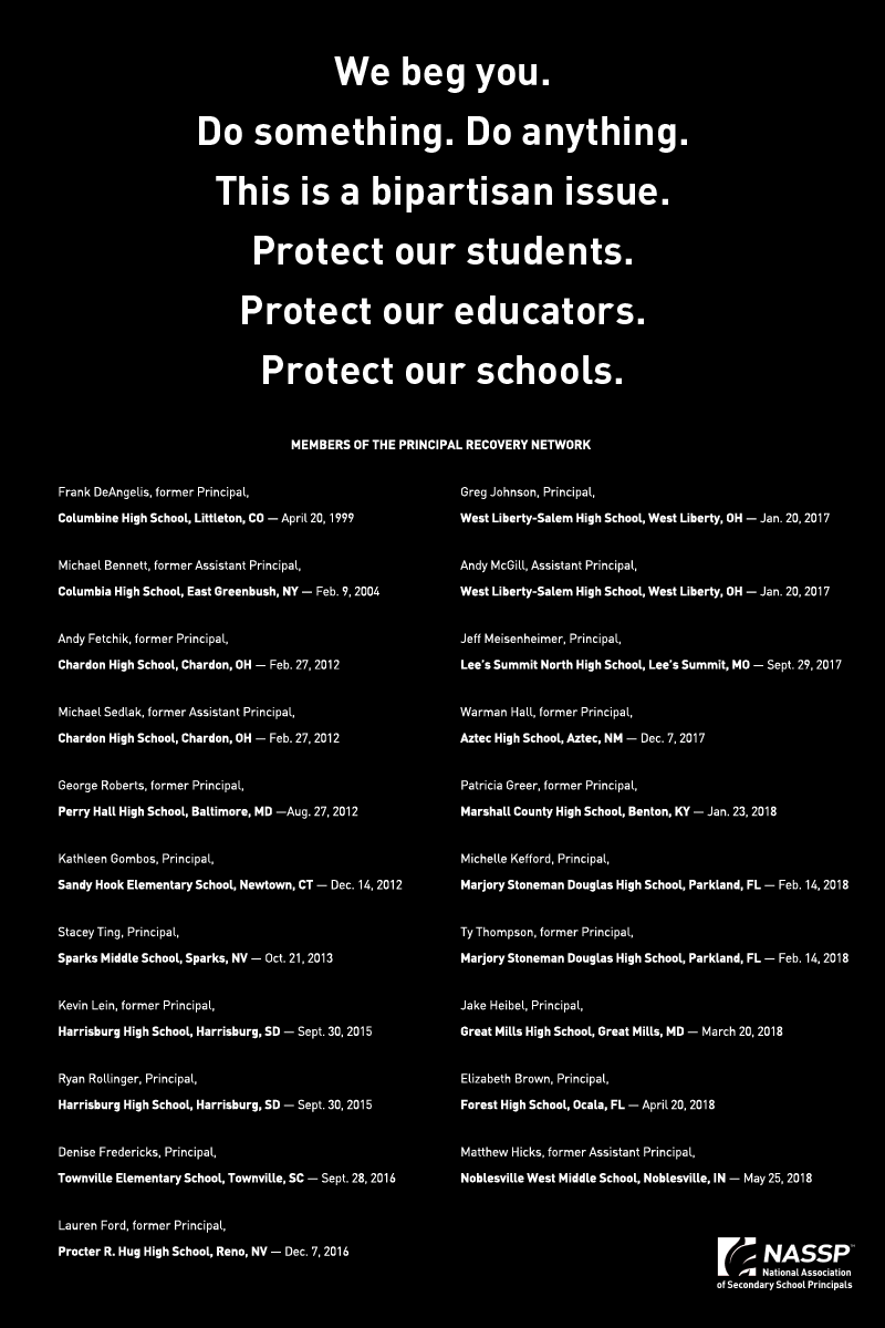 NASSP's tweet photo. "If you don't act now, this will happen again."

Members of our Principal Recovery Network, a group of #SchoolLeaders who have experienced a school shooting, are begging elected officials in this letter to stop school shootings. Join them now 👇

https://t.co/1tHCyz1Y25 https://t.co/Gg35huMsJx