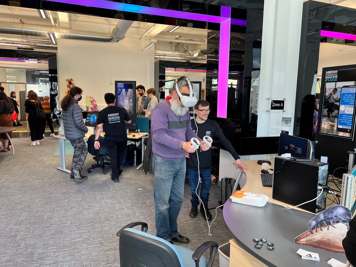 AbertayUni's tweet photo. 🤩We're thrilled to welcome guests back to campus for #ADGS2022.
The exhibition is open until 4:00pm today, so come down and experience some of our fantastic student work for yourself🤩
Thanks to our sponsors @outplayent @ninjakiwigames & @unitygames for their support. https://t.co/U9jvL5nQ4a