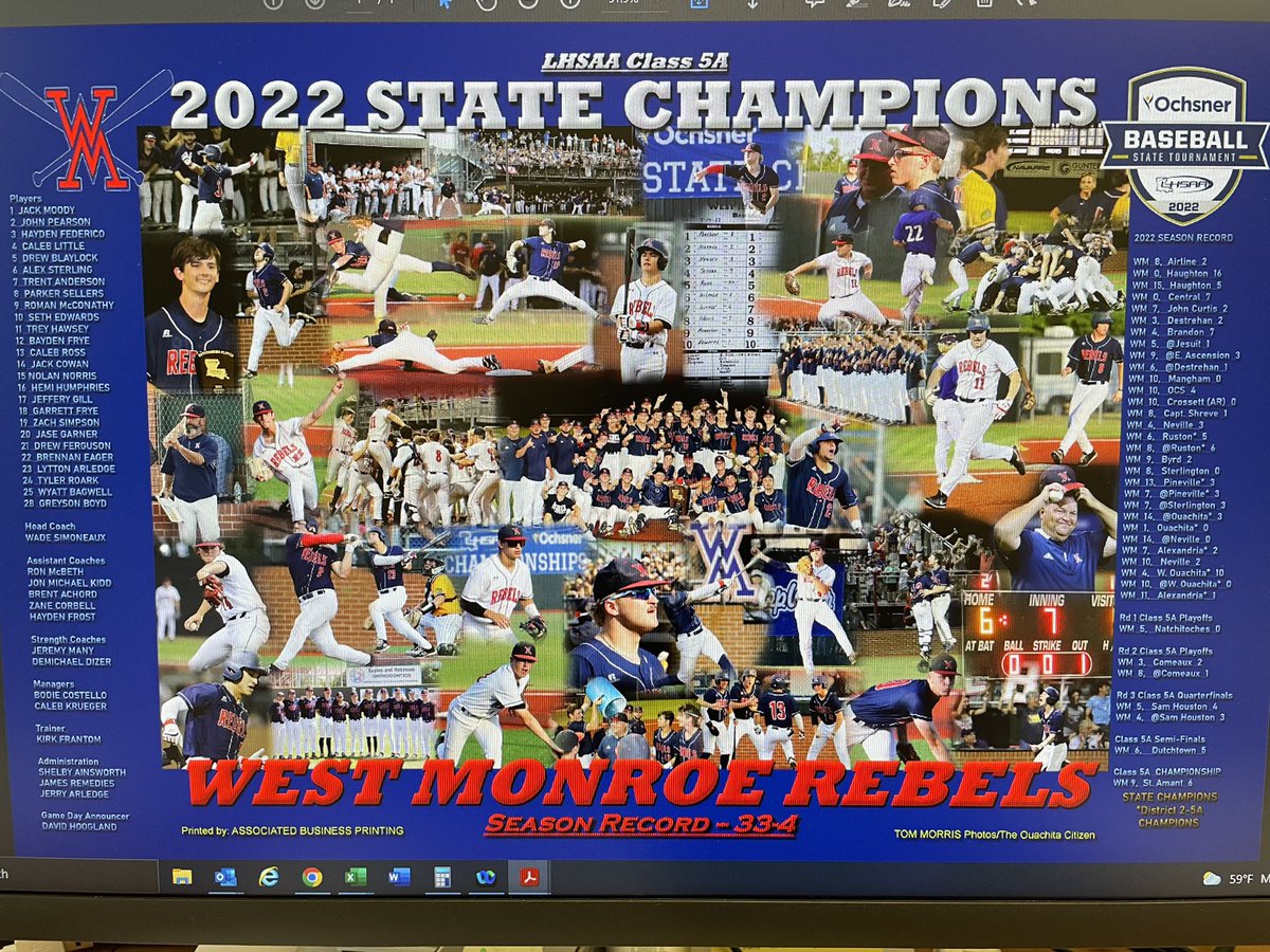 RebelBaseball1's tweet photo. West Monroe High School Baseball State Championship ring fundraiser. Anybody donating $100 or more will receive this limited edition 20x30 poster. They can be picked up June 2 at Crawfish City at 6:00 https://t.co/JpVI5C7jI2
