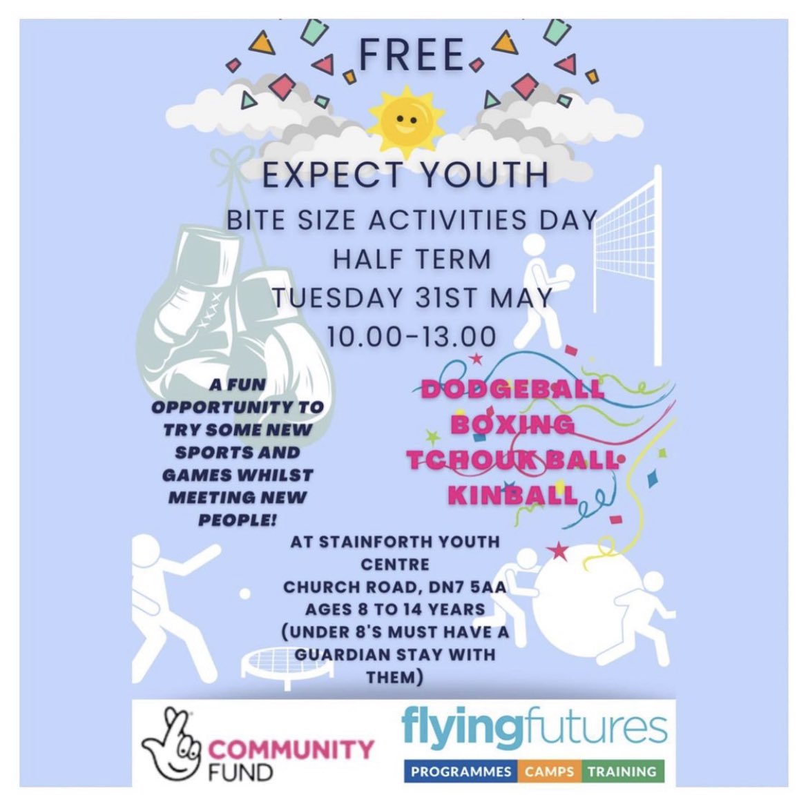 FlyingFutures's tweet photo. FREE activity fun day β¦
31st May, Stainforth πΎππβ½οΈ
Bite size activities for 8-14 year olds (see poster for full details).
Register your place now..
https://t.co/1xaX0XcDhd
ππ½
#expectyouth #flyingfutures #doncaster #doncasterisgreat #stainforth #funday #halfterm #may https://t.co/62fWMgUDha