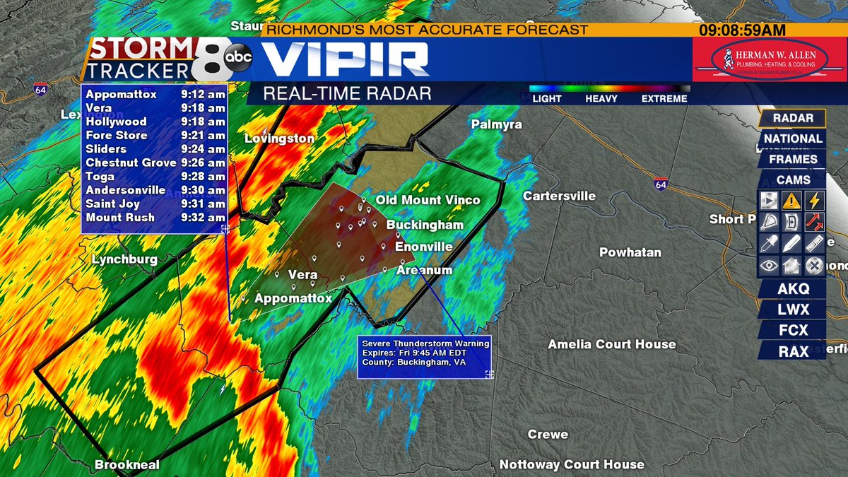 8NewsWeather's tweet photo. A Severe Thunderstorm warning is in effect until 9:45am for Buckingham County.   
Full forecast https://t.co/y34AjdOgzo #RVA #RVAWX #VAWX #8News https://t.co/taYPYyk95S