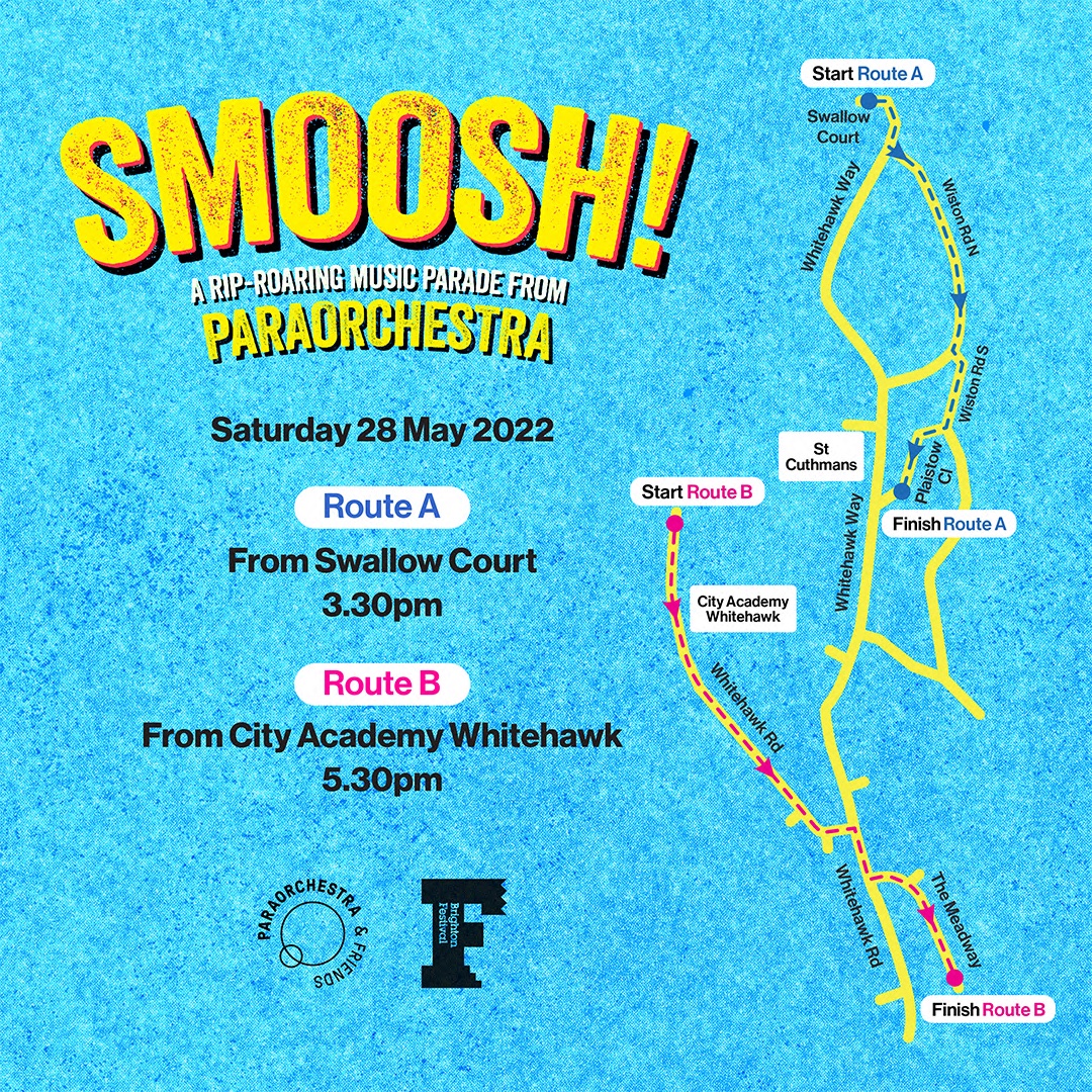 People of East Brighton! You're invited to hit the streets for a magnificent, cacophonus, communal karaoke with @paraorchestra. Route A starts at Swallow Court at 3.30pm, and Route B from City Academy Whitehawk at 5.30pm