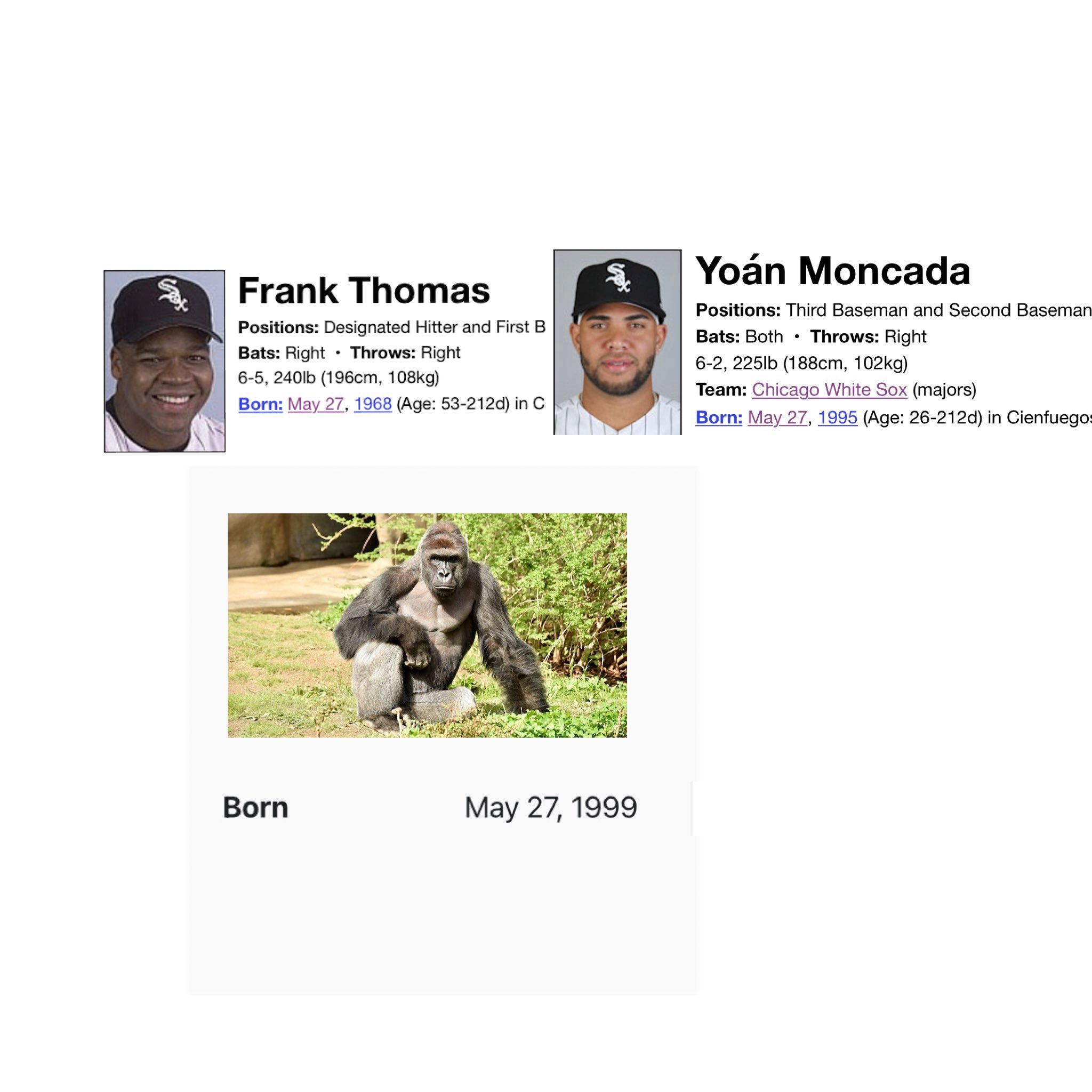 On a happy note...

Happy Birthday to Frank Thomas, Yoan Moncada, and Harambe (peace be upon him) 