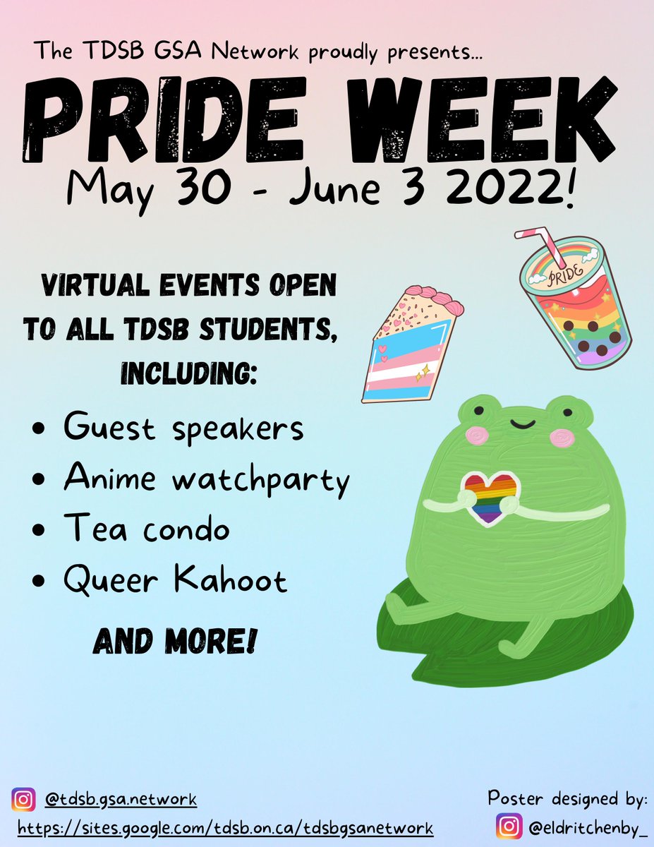 Next week we'll be hosting Pride Week! Join us to celebrate 2SLGBTQIAP+ people. Our events are open to all <a href="/TDSB/">Toronto District School Board</a> students and staff, and you can find all the details on our website. Happy Pride! 

sites.google.com/tdsb.on.ca/tds…
