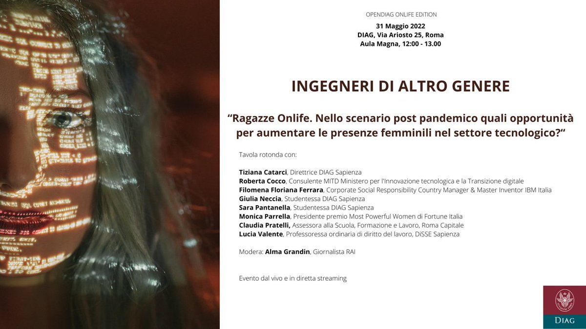 Andrea Carini (@andreacreativo) on Twitter photo Il #31maggio in occasione di #OpenDIAG organizzato da <a href="/DIAGSapienza/">DIAGSapienza</a> si terrà il convegno "Ingegneri di altro genere".
Le studentesse attratte dalle materie #STEM troveranno grande ispirazione!
Interverranno, tra le altre, @catarci1 e <a href="/FlorianaFer/">Floriana Filomena Ferrara</a>
🤖🔹Info open.diag.uniroma1.it Il #31maggio in occasione di #OpenDIAG organizzato da <a href="/DIAGSapienza/">DIAGSapienza</a> si terrà il convegno "Ingegneri di altro genere".
Le studentesse attratte dalle materie #STEM troveranno grande ispirazione!
Interverranno, tra le altre, @catarci1 e <a href="/FlorianaFer/">Floriana Filomena Ferrara</a>
🤖🔹Info open.diag.uniroma1.it
