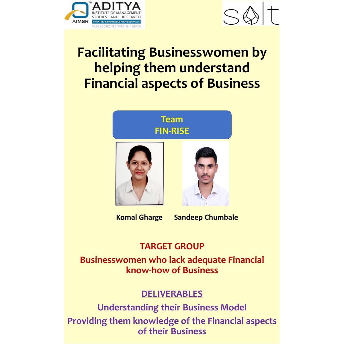 IAimsr's tweet photo. AIMSR Team FinRise (Komal Gharge, Sandeep Chumbale) have undertaken Finance Lab project of “Facilitating Businesswomen by helping them understand Financial aspects of Business” under the able guidance of SALT
#iic #mhrdinnovationcell #aimsr #iicaimsr #management #ecell
@mysaltapp https://t.co/IIAIY1qTqL